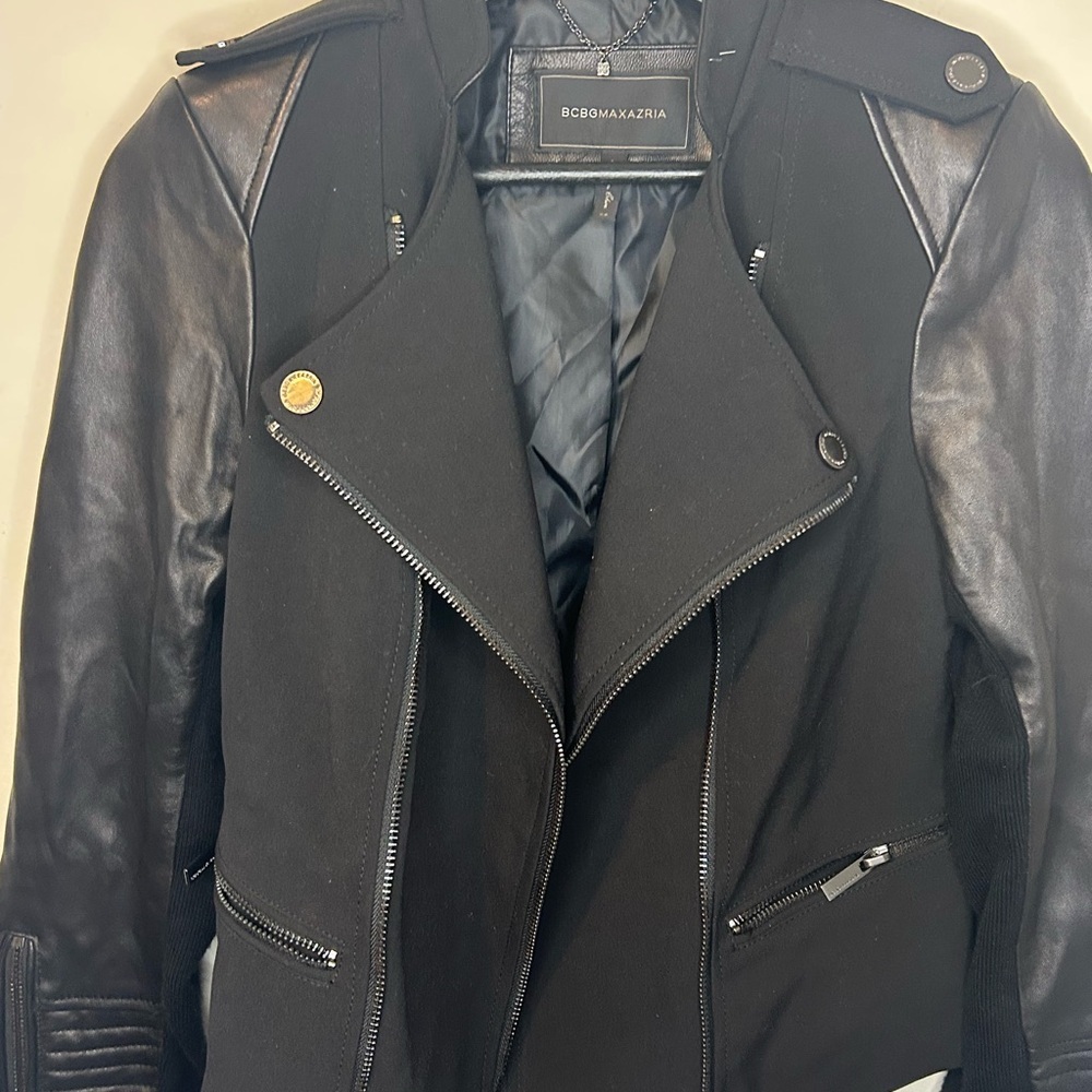 BCBG MAXAZRIA black Mix Media Leather Jacket For Women size XS - Picture 3 of 7